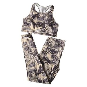 Mono B Yoga Duo Women’s Cream Plum Purple Leaf Palm Fronds Size L